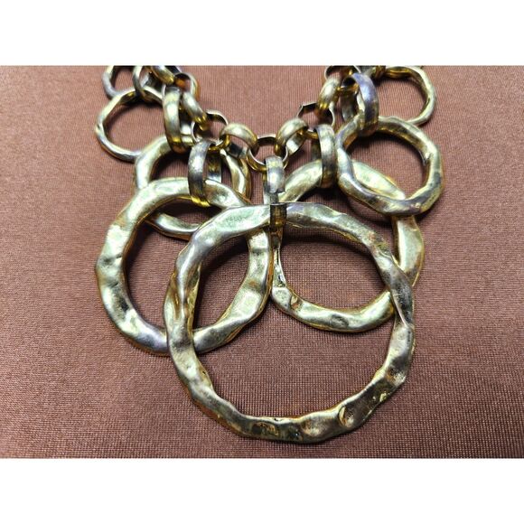 Chunky Hammered Gold Tone Statement Necklace 16” Chain with 2.5” Ring Pendant - Picture 2 of 6